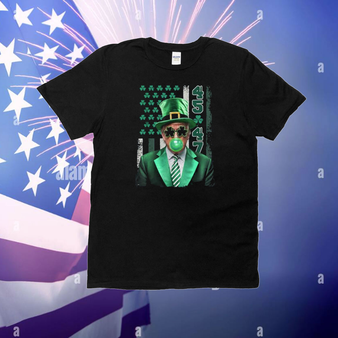 Funny Trump 45 47 Clover St Patricks Day US Flag Bubble Gum T-Shirt