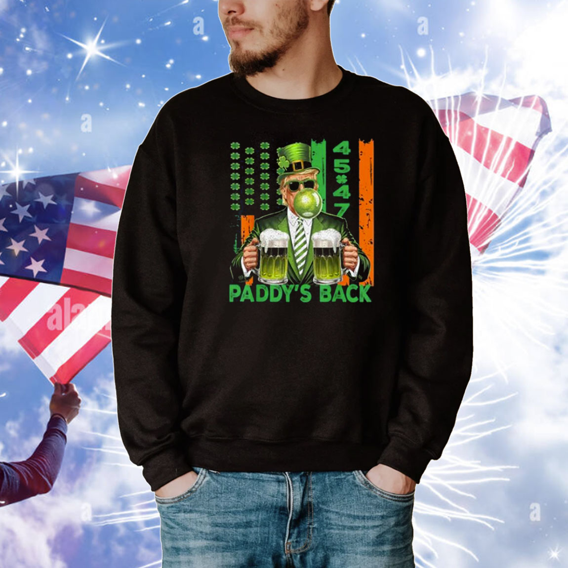 Funny Trump Paddy's Back 45 47 St Patricks Day USA Flag T-Shirt