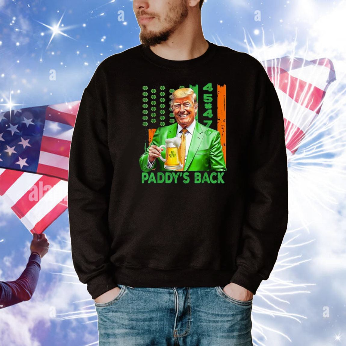 Funny Trump Paddy's Back 45 47 St Patricks Day USA Flag T-Shirts