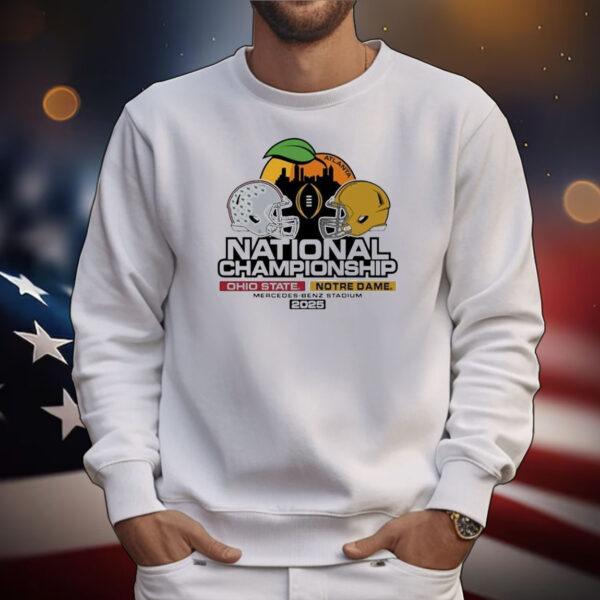 Official Ohio State Buckeyes Vs Notre Dame Fighting Irish NCAA 2024 National Championship Game Bound Head to Head Atlanta Helmet T-Shirt