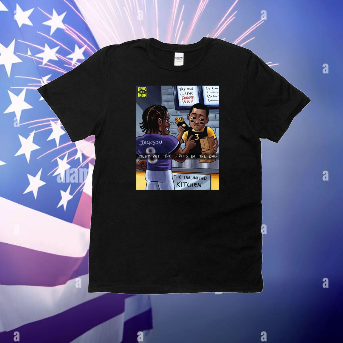 Official Poster Baltimore Ravens Vs Pittsburgh Steelers NFL Just Put The Fries In The Bags Try Our Classic Danger Wich Caricatures T-Shirt