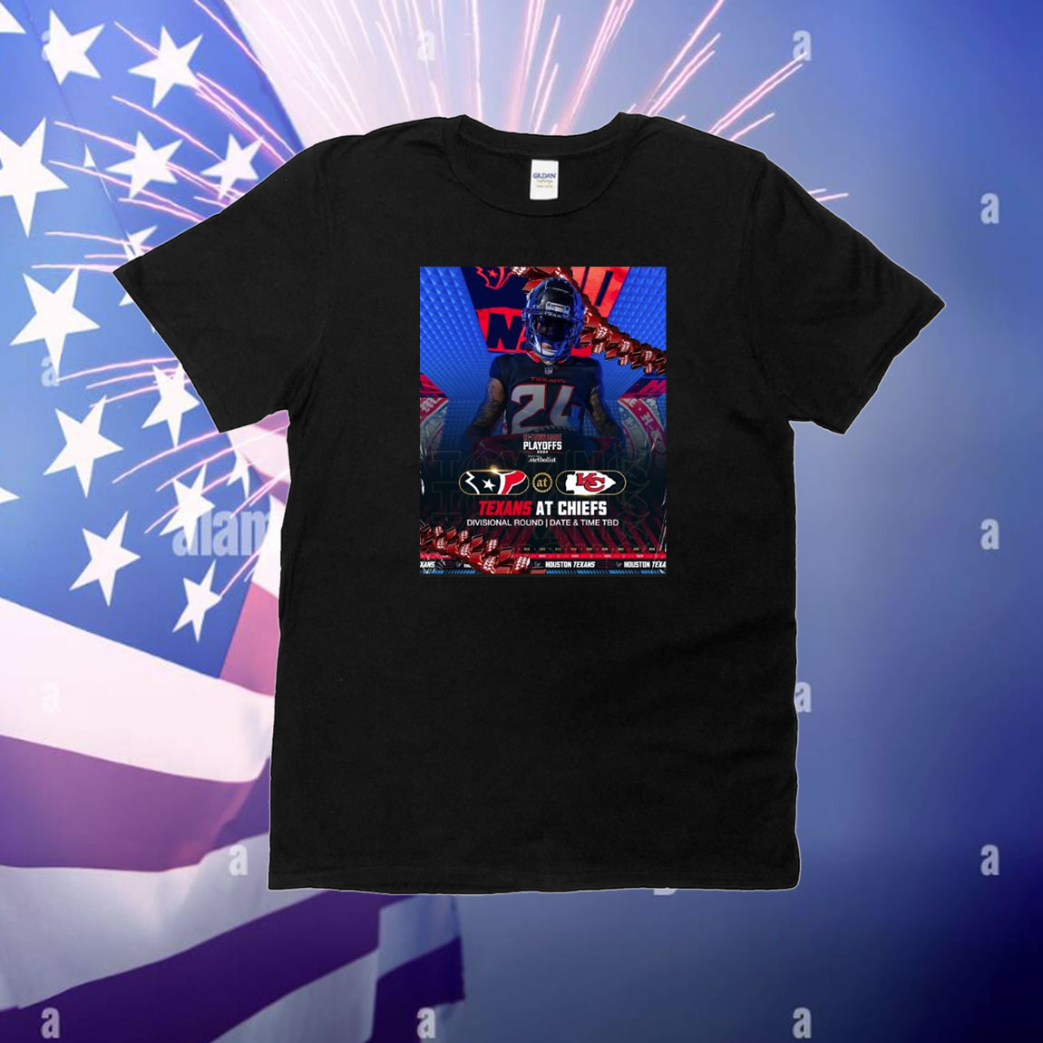 Official Poster Derek Stingley Jr. Houston Texans At Kansas City Chiefs Divisional Round Date And Time TBD H-Town Made NFL Playoffs 2024 T-Shirt