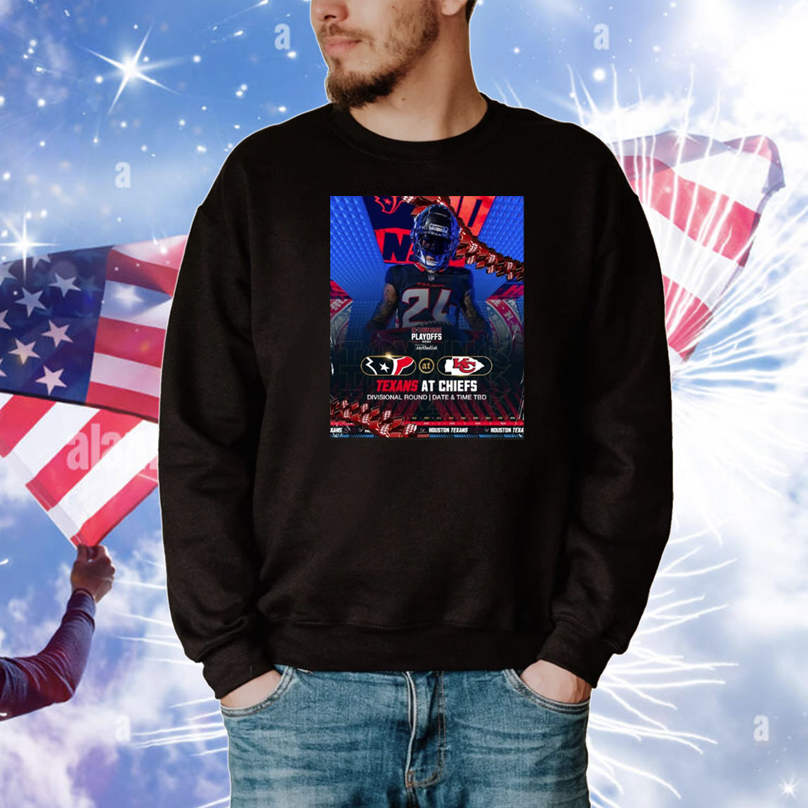 Official Poster Derek Stingley Jr. Houston Texans At Kansas City Chiefs Divisional Round Date And Time TBD H-Town Made NFL Playoffs 2024 T-Shirt
