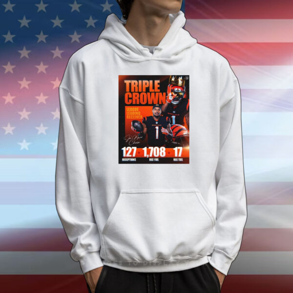 Official Poster Ja’Marr Chase Triple Crown League Leading Receiver 127 Receptions 1708 Rec YDs 17 Rec TDs Signature T-Shirt