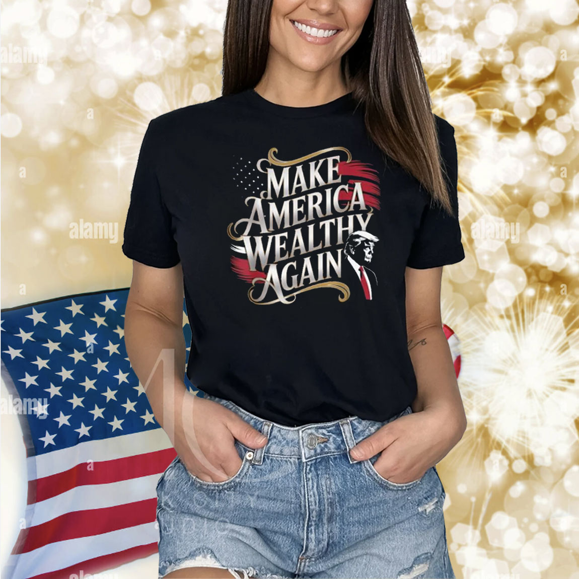 Trump MAKE AMERICA WEALTHY AGAIN Funny US Flag Patriotic Party Shirt