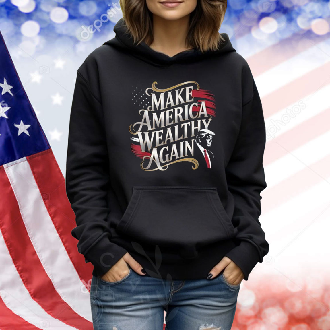 Trump MAKE AMERICA WEALTHY AGAIN Funny US Flag Patriotic Party Shirt